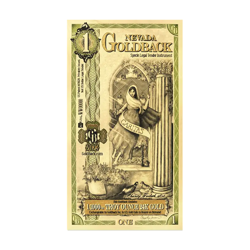 Front of the 1 Nevada Goldback, featuring Caritas · Charity