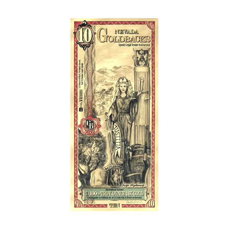 Front of the 10 Nevada Goldback, featuring Justitia · Justice