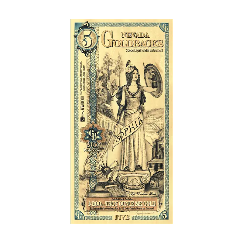 Front of the 5 Nevada Goldback, featuring Sophia · Wisdom