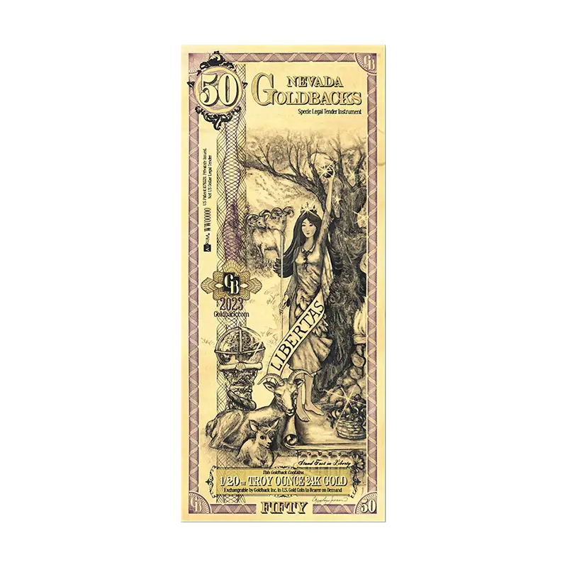 Front of the 50 Nevada Goldback featuring Libertas